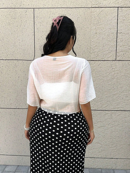 GalTyme Plus Size Women Fashionable Versatile Sheer Tie-Up Top, Suitable For Vacation & Beach