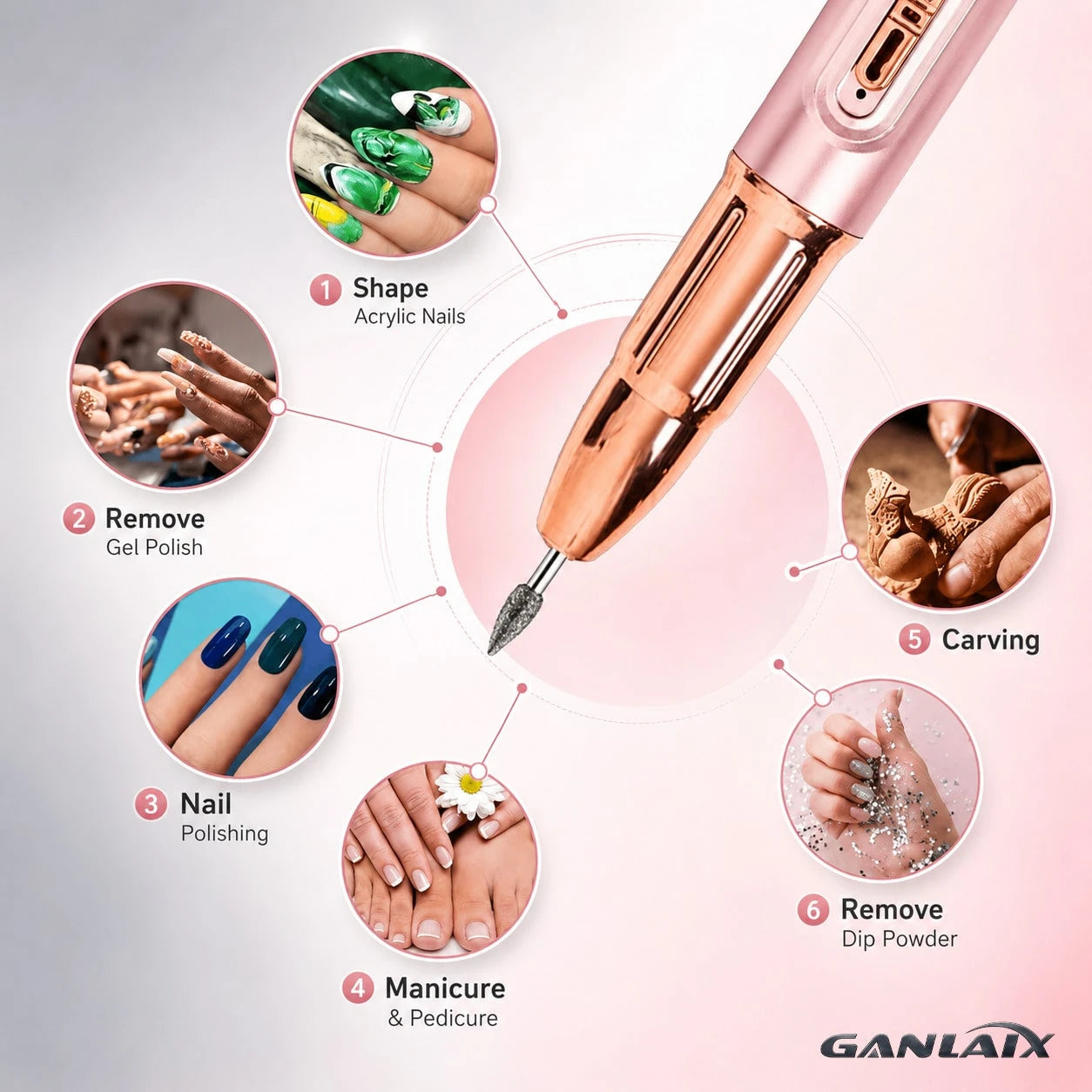 GANLAIX Professional Nail Drill Kit, USB Rechargeable Nail File Drill, 300mAh Lithium Battery High Capacity, Manicure & Pedicure Set, Home And Salon Nail File Kit, Nail Buffer Polishing Tools