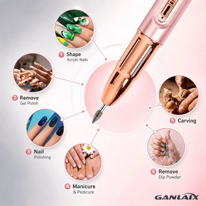 GANLAIX Professional Nail Drill Kit, USB Rechargeable Nail File Drill, 300mAh Lithium Battery High Capacity, Manicure & Pedicure Set, Home And Salon Nail File Kit, Nail Buffer Polishing Tools