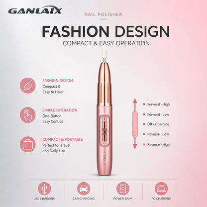 GANLAIX Professional Nail Drill Kit, USB Rechargeable Nail File Drill, 300mAh Lithium Battery High Capacity, Manicure & Pedicure Set, Home And Salon Nail File Kit, Nail Buffer Polishing Tools