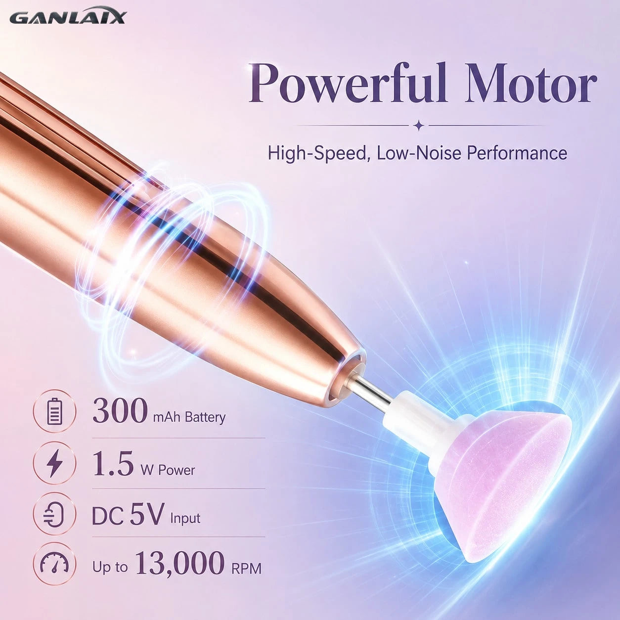 GANLAIX Professional Nail Drill Kit, USB Rechargeable Nail File Drill, 300mAh Lithium Battery High Capacity, Manicure & Pedicure Set, Home And Salon Nail File Kit, Nail Buffer Polishing Tools