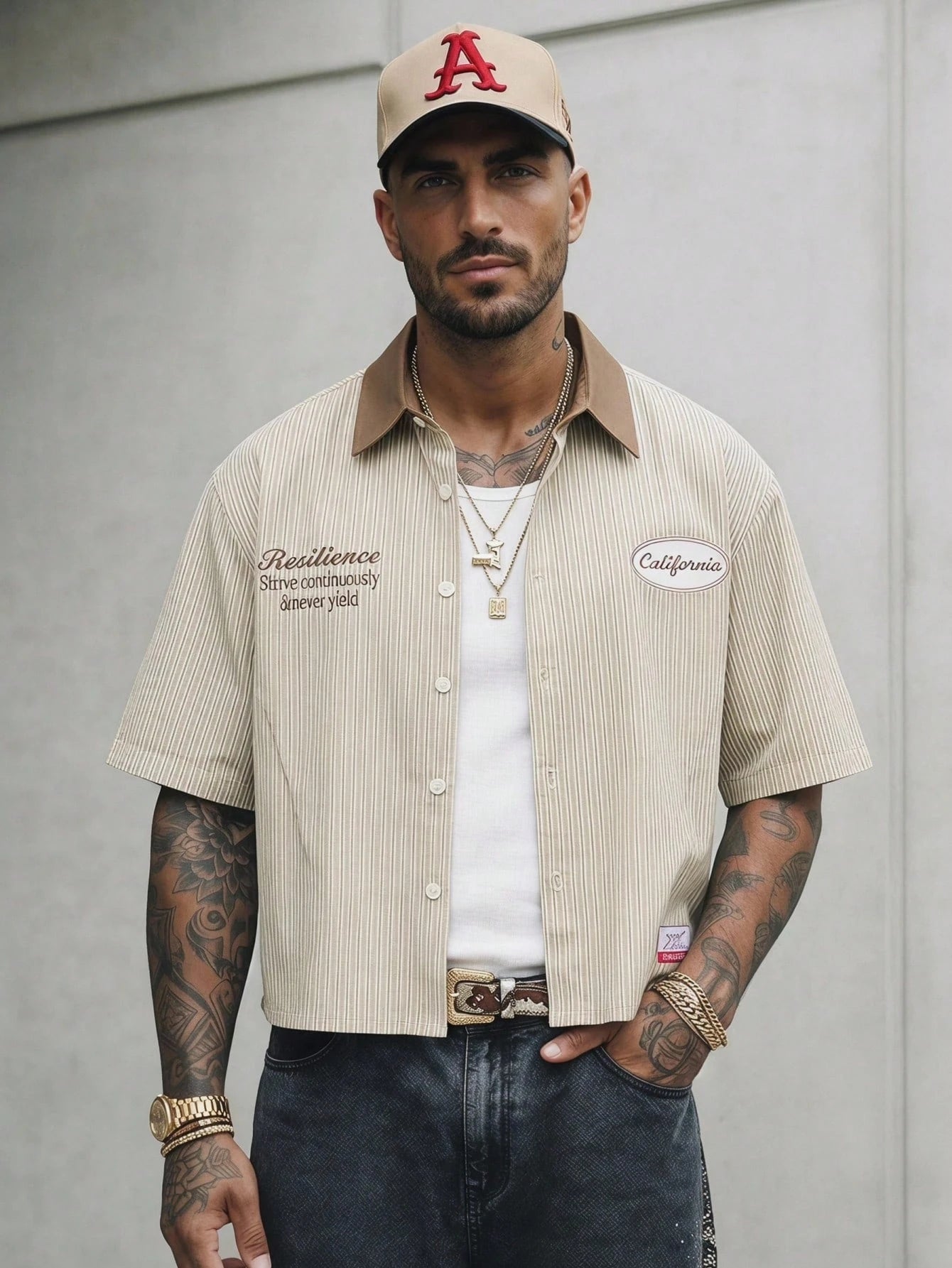 GENTILAND Men's Striped Single-Breasted Letter Print Casual Versatile Daily Wear Shirt, Vacation, Father's Day Gifts, Smart Casual