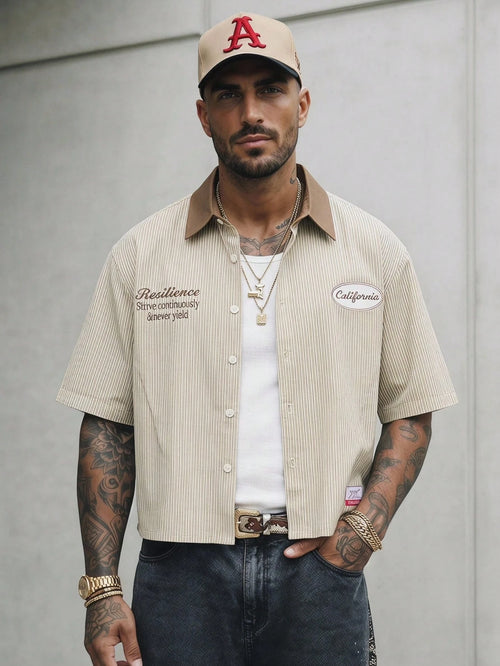 GENTILAND Men's Striped Single-Breasted Letter Print Casual Versatile Daily Wear Shirt, Vacation, Father's Day Gifts, Smart Casual