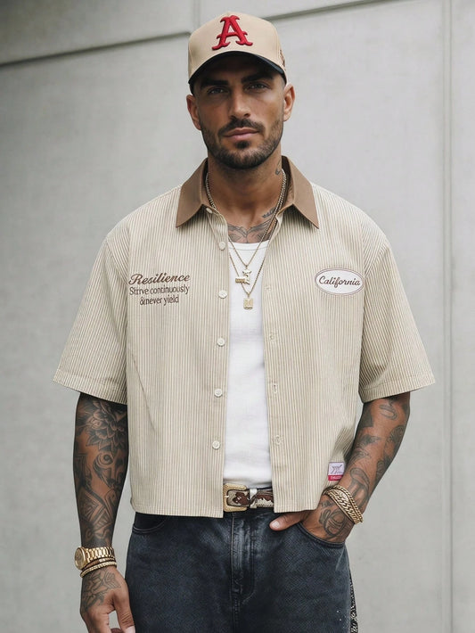 GENTILAND Men's Striped Single-Breasted Letter Print Casual Versatile Daily Wear Shirt, Vacation, Father's Day Gifts, Smart Casual