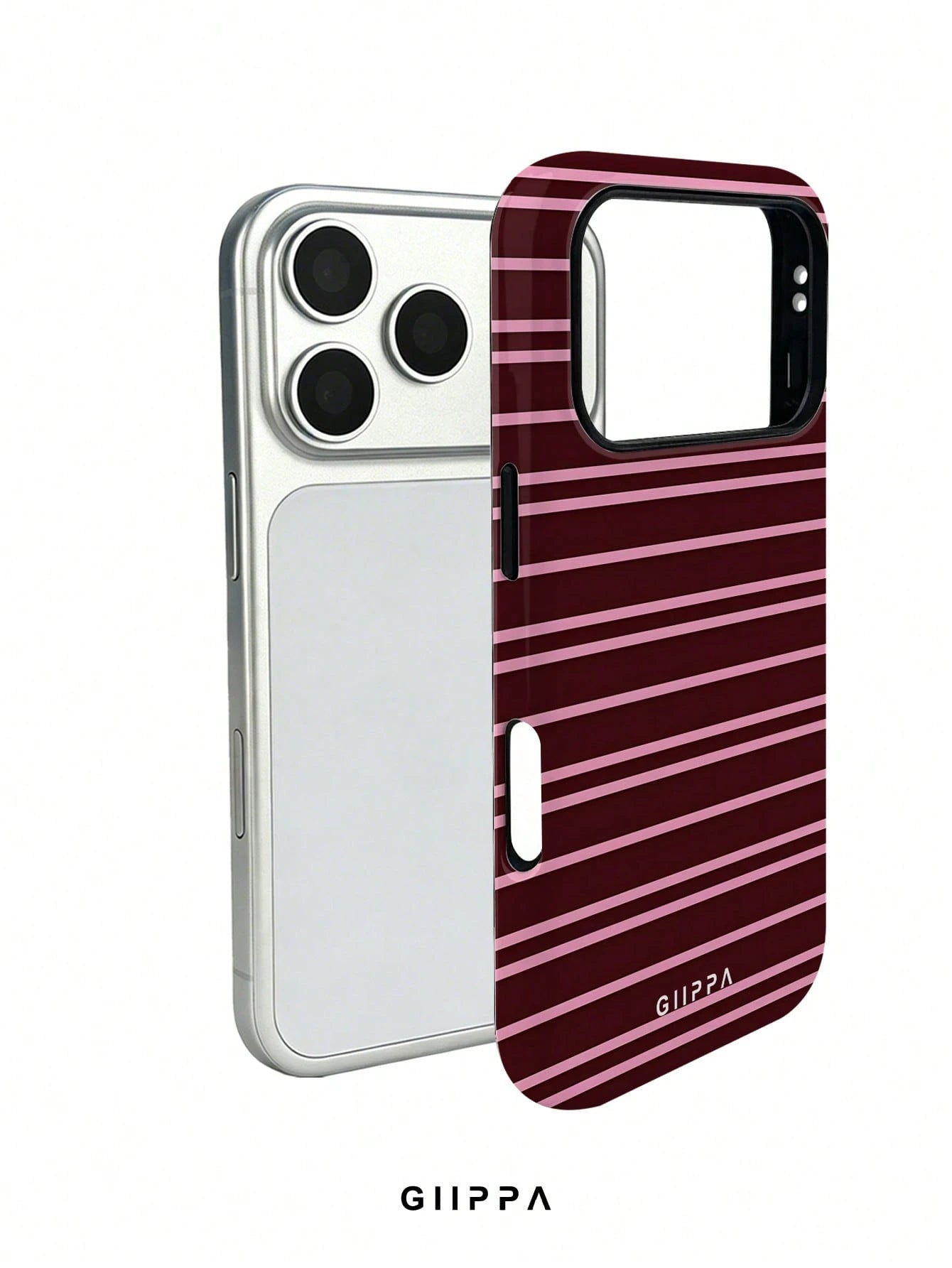 GIIPPA 1 Burgundy And Bright Pink Striped Pattern Design Phone 17 Pro Max Case, Suitable For Phone 16 Pro Max, 15 Pro Max, 14 Pro Max, Korean Stylish And Interesting Phone Case, Compatible With 11/12