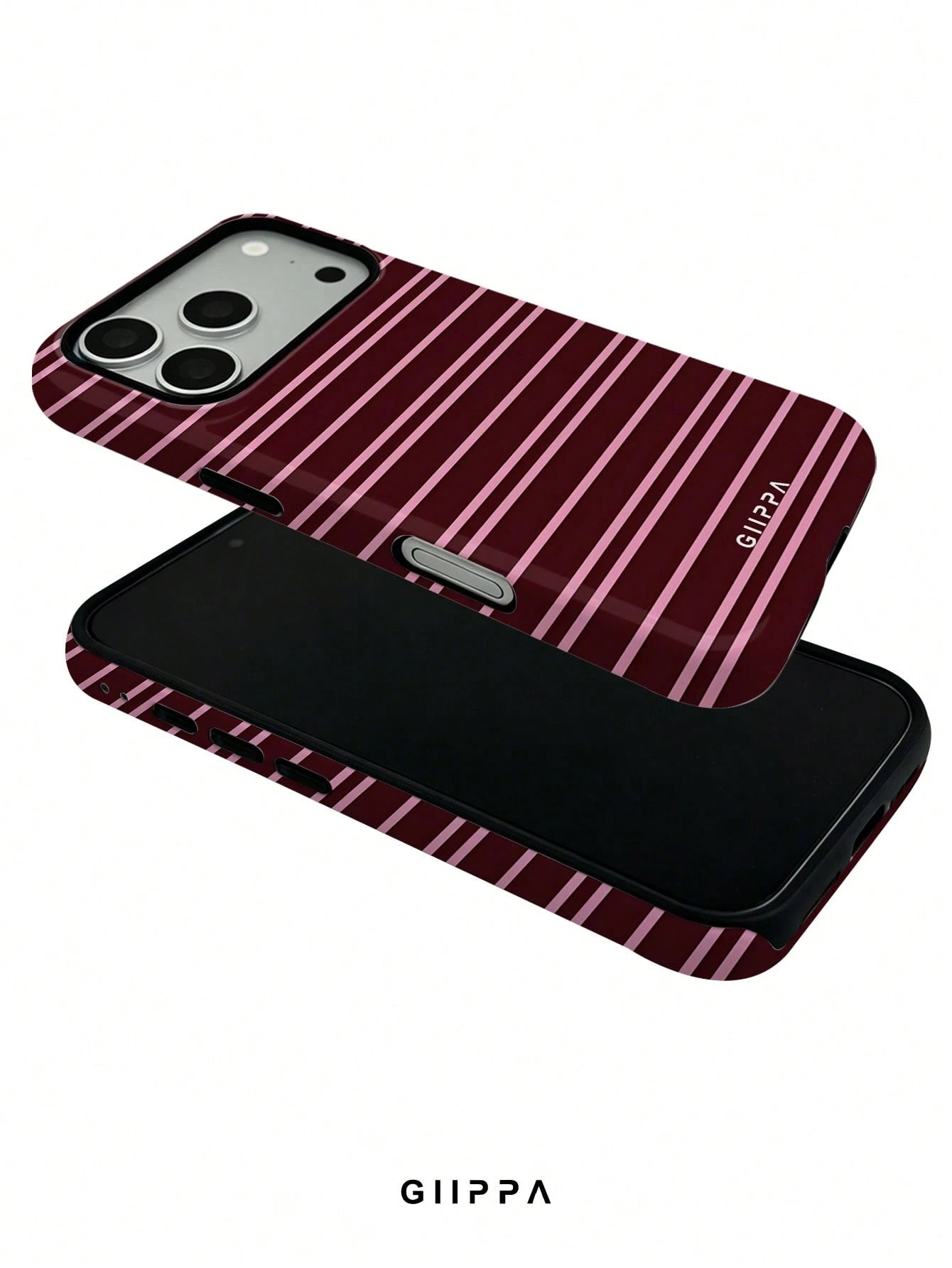 GIIPPA 1 Burgundy And Bright Pink Striped Pattern Design Phone 17 Pro Max Case, Suitable For Phone 16 Pro Max, 15 Pro Max, 14 Pro Max, Korean Stylish And Interesting Phone Case, Compatible With 11/12