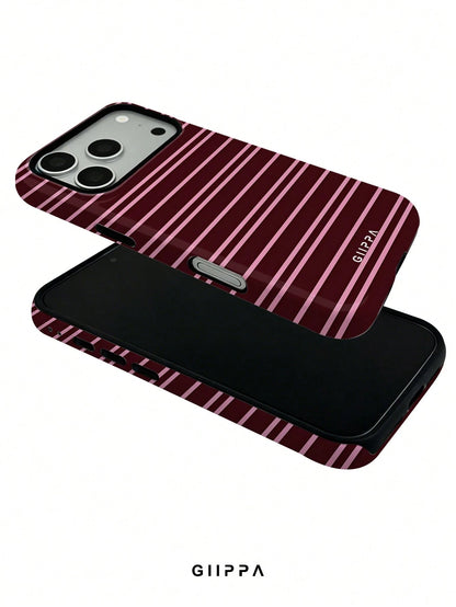 GIIPPA 1 Burgundy And Bright Pink Striped Pattern Design Phone 17 Pro Max Case, Suitable For Phone 16 Pro Max, 15 Pro Max, 14 Pro Max, Korean Stylish And Interesting Phone Case, Compatible With 11/12