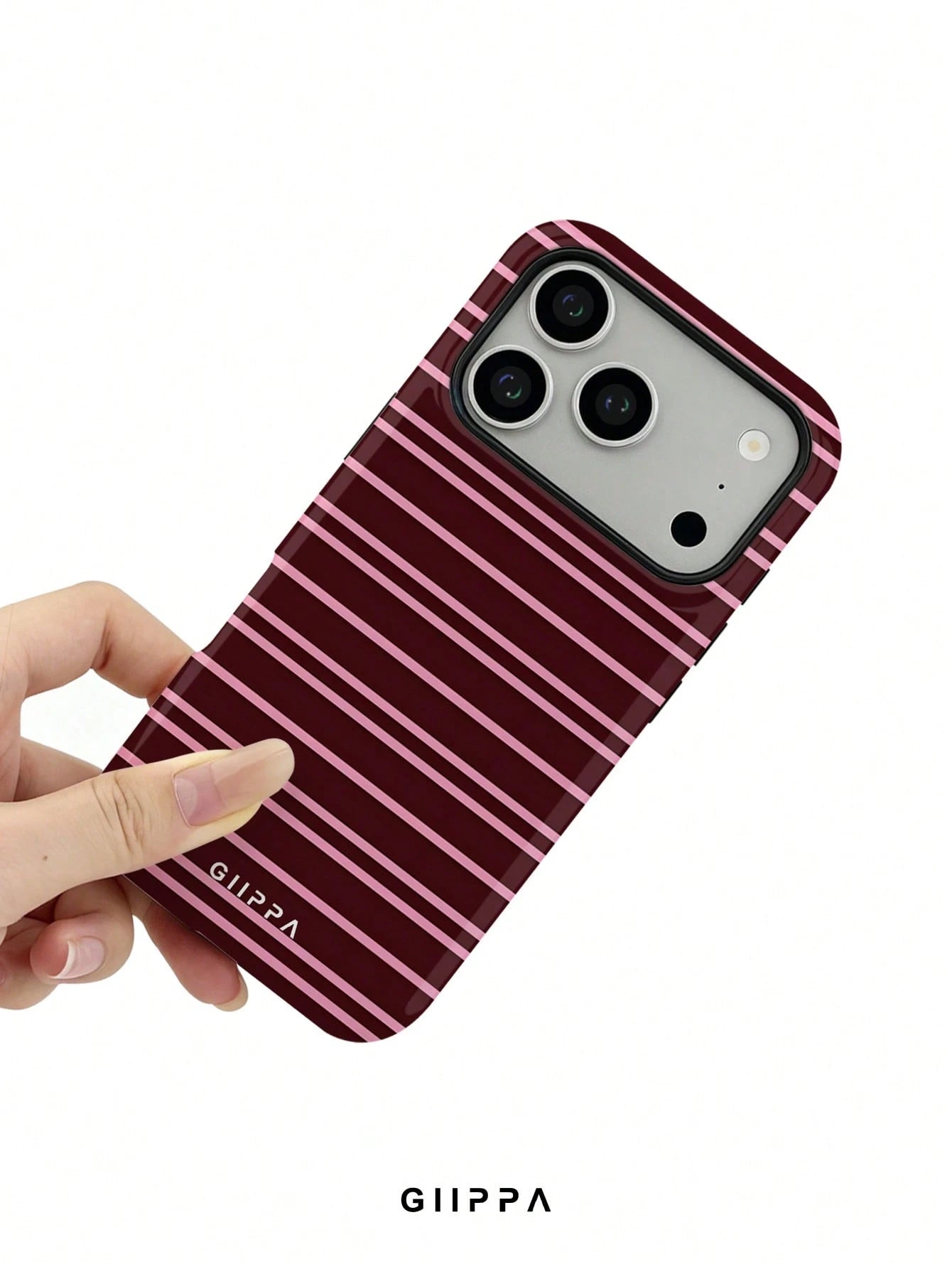 GIIPPA 1 Burgundy And Bright Pink Striped Pattern Design Phone 17 Pro Max Case, Suitable For Phone 16 Pro Max, 15 Pro Max, 14 Pro Max, Korean Stylish And Interesting Phone Case, Compatible With 11/12