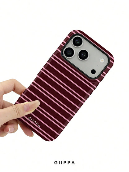 GIIPPA 1 Burgundy And Bright Pink Striped Pattern Design Phone 17 Pro Max Case, Suitable For Phone 16 Pro Max, 15 Pro Max, 14 Pro Max, Korean Stylish And Interesting Phone Case, Compatible With 11/12