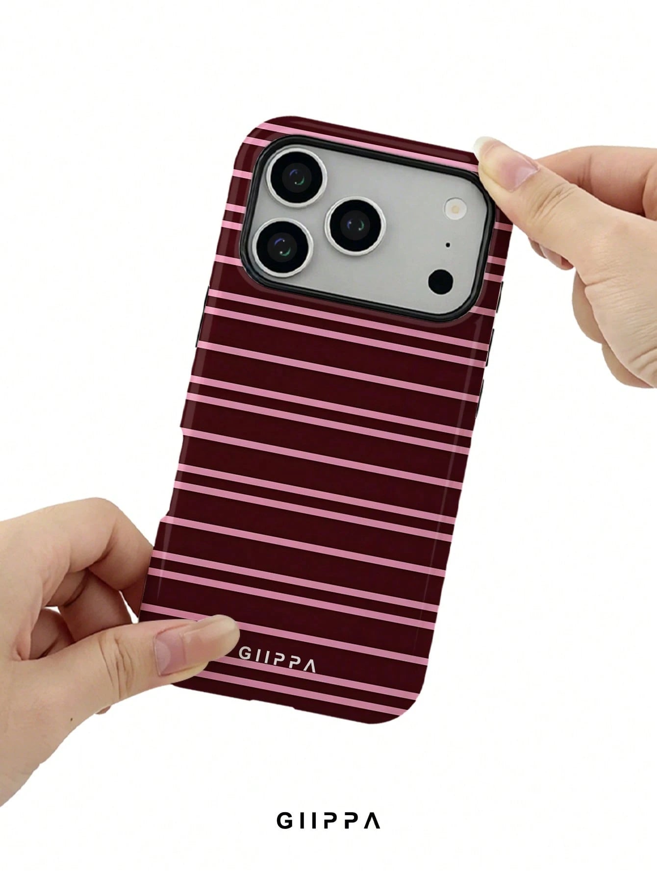 GIIPPA 1 Burgundy And Bright Pink Striped Pattern Design Phone 17 Pro Max Case, Suitable For Phone 16 Pro Max, 15 Pro Max, 14 Pro Max, Korean Stylish And Interesting Phone Case, Compatible With 11/12