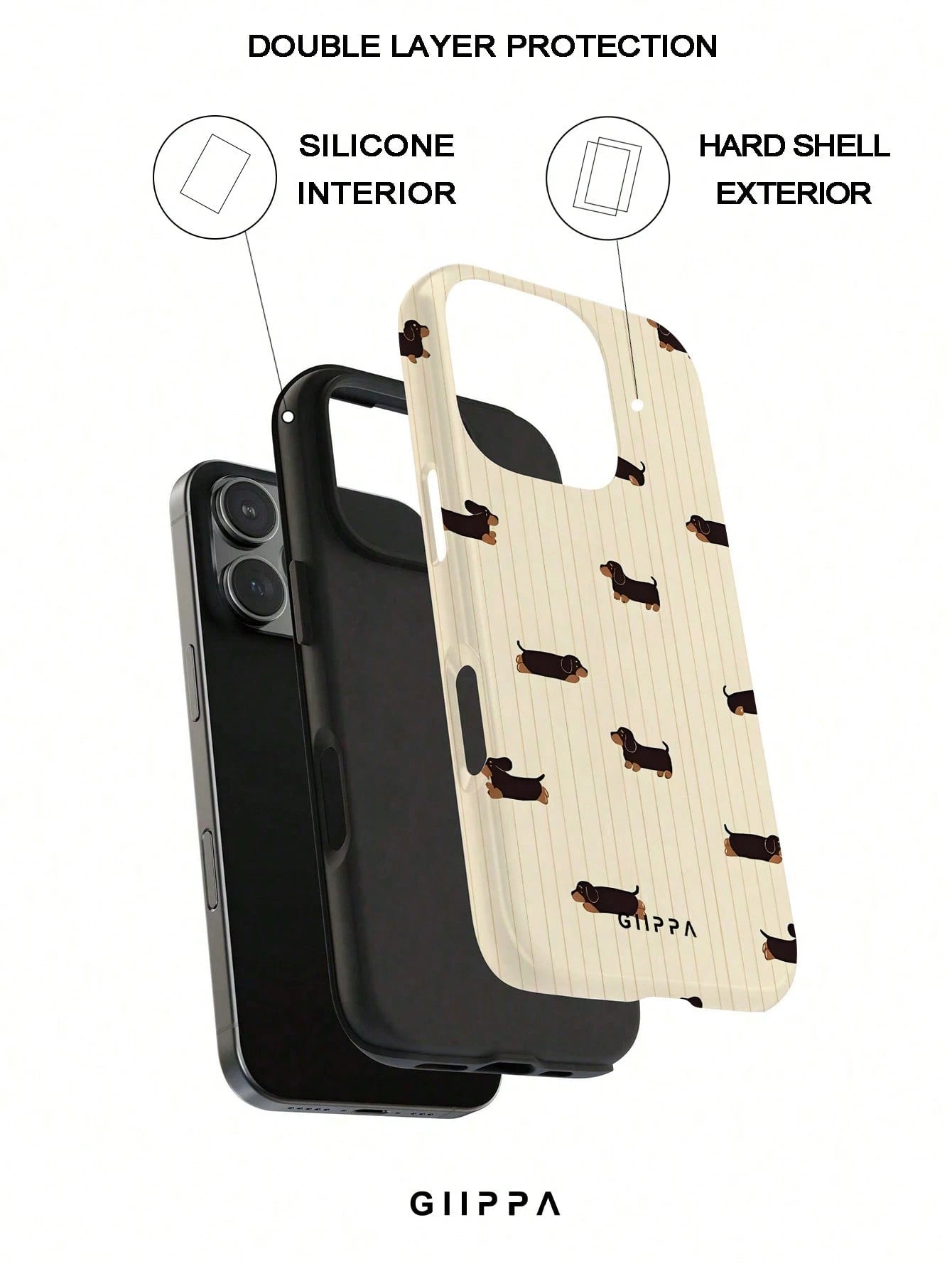 GIIPPA 1 Piece Mustard Striped With Black Dachshund Design Phone 17 Pro Max Case, Suitable For Phone 16 Pro Max, 15 Pro Max, 14 Pro Max, Korean Stylish And Interesting Phone Case, Compatible With 11/1