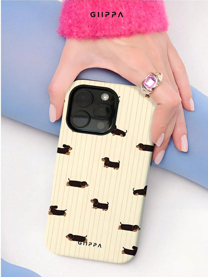 GIIPPA 1 Piece Mustard Striped With Black Dachshund Design Phone 17 Pro Max Case, Suitable For Phone 16 Pro Max, 15 Pro Max, 14 Pro Max, Korean Stylish And Interesting Phone Case, Compatible With 11/1