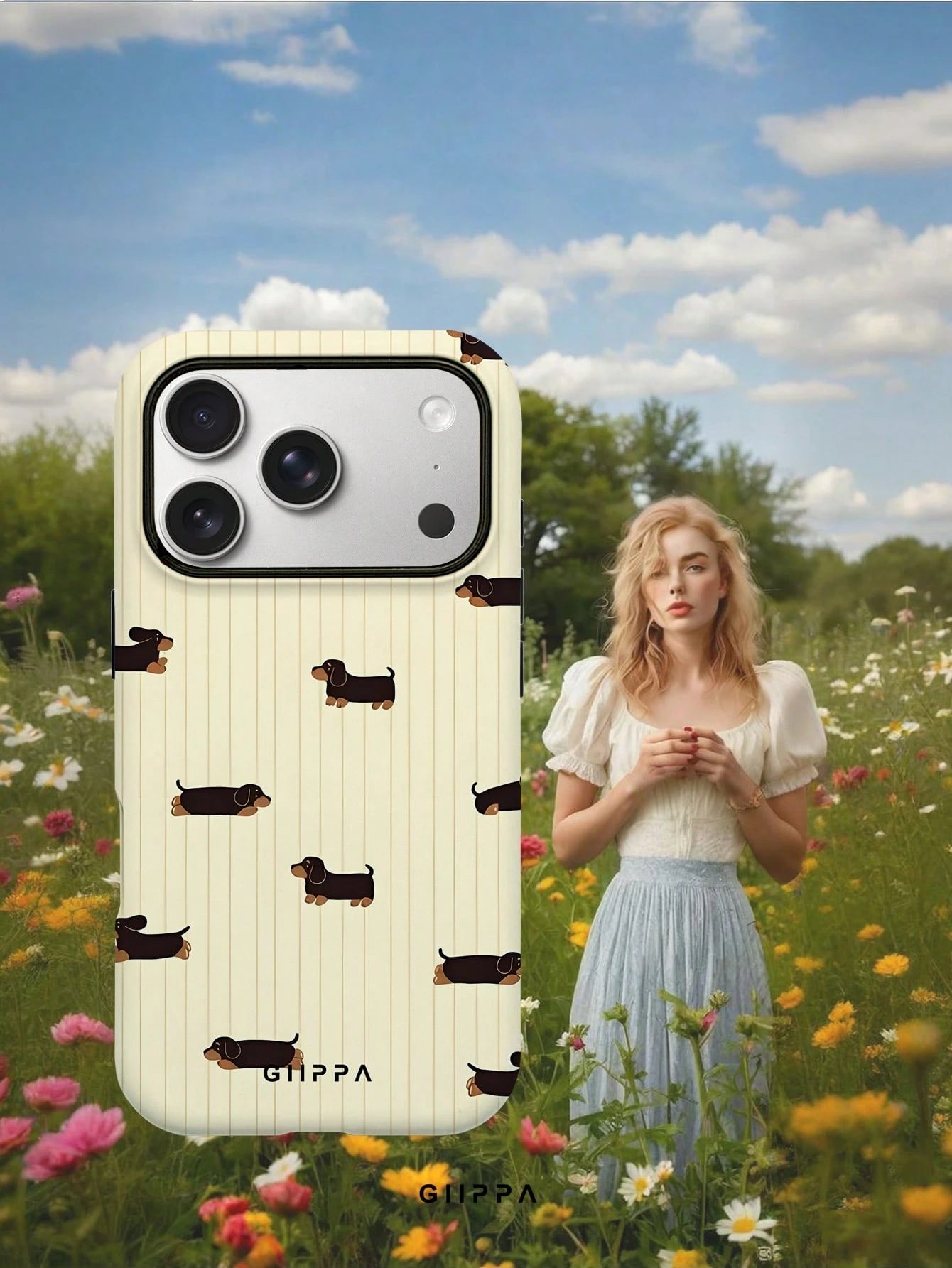 GIIPPA 1 Piece Mustard Striped With Black Dachshund Design Phone 17 Pro Max Case, Suitable For Phone 16 Pro Max, 15 Pro Max, 14 Pro Max, Korean Stylish And Interesting Phone Case, Compatible With 11/1
