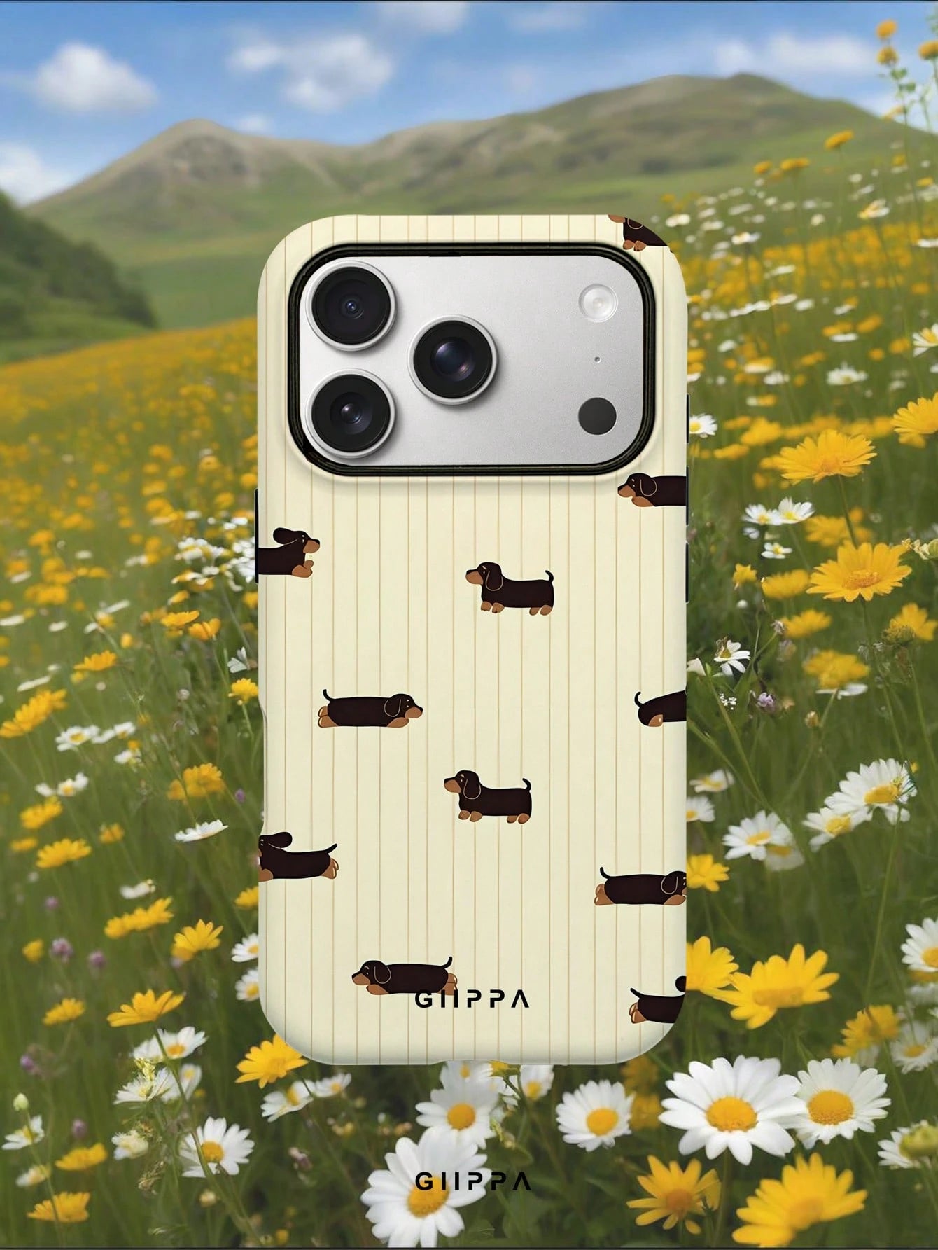 GIIPPA 1 Piece Mustard Striped With Black Dachshund Design Phone 17 Pro Max Case, Suitable For Phone 16 Pro Max, 15 Pro Max, 14 Pro Max, Korean Stylish And Interesting Phone Case, Compatible With 11/1