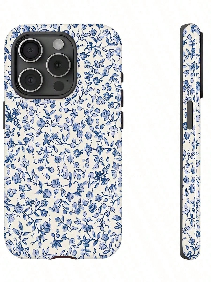 GIIPPA Blue Floral Fashion Matte Blue Floral Pattern 2-In-1 Phone Case, Compatible With IPhone 16, 15, 14, 13, 12, 11, Pro Max, Plus Spring Birthday Gift
