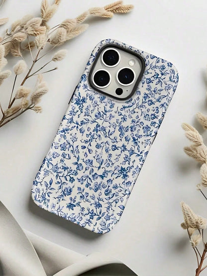 GIIPPA Blue Floral Fashion Matte Blue Floral Pattern 2-In-1 Phone Case, Compatible With IPhone 16, 15, 14, 13, 12, 11, Pro Max, Plus Spring Birthday Gift
