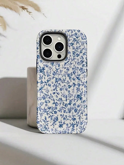 GIIPPA Blue Floral Fashion Matte Blue Floral Pattern 2-In-1 Phone Case, Compatible With IPhone 16, 15, 14, 13, 12, 11, Pro Max, Plus Spring Birthday Gift