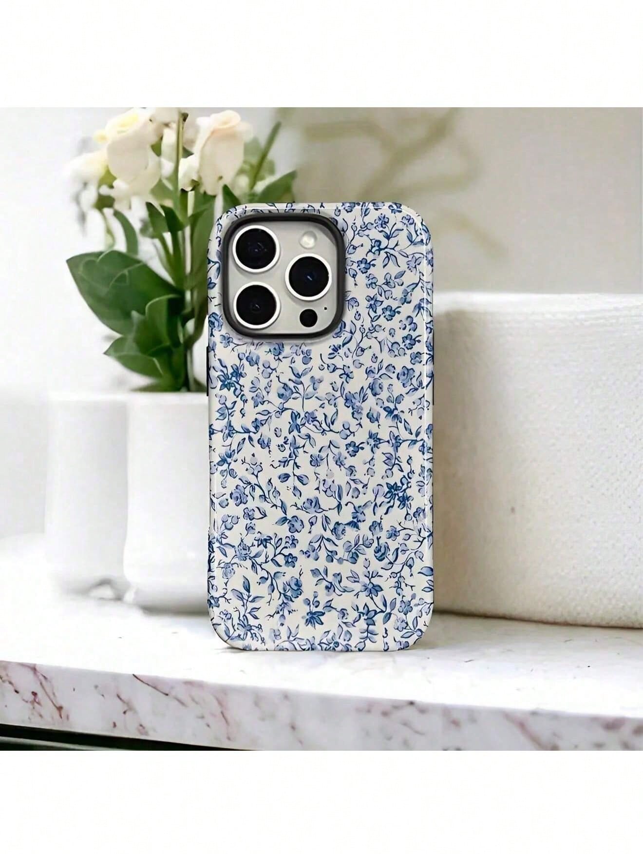 GIIPPA Blue Floral Fashion Matte Blue Floral Pattern 2-In-1 Phone Case, Compatible With IPhone 16, 15, 14, 13, 12, 11, Pro Max, Plus Spring Birthday Gift