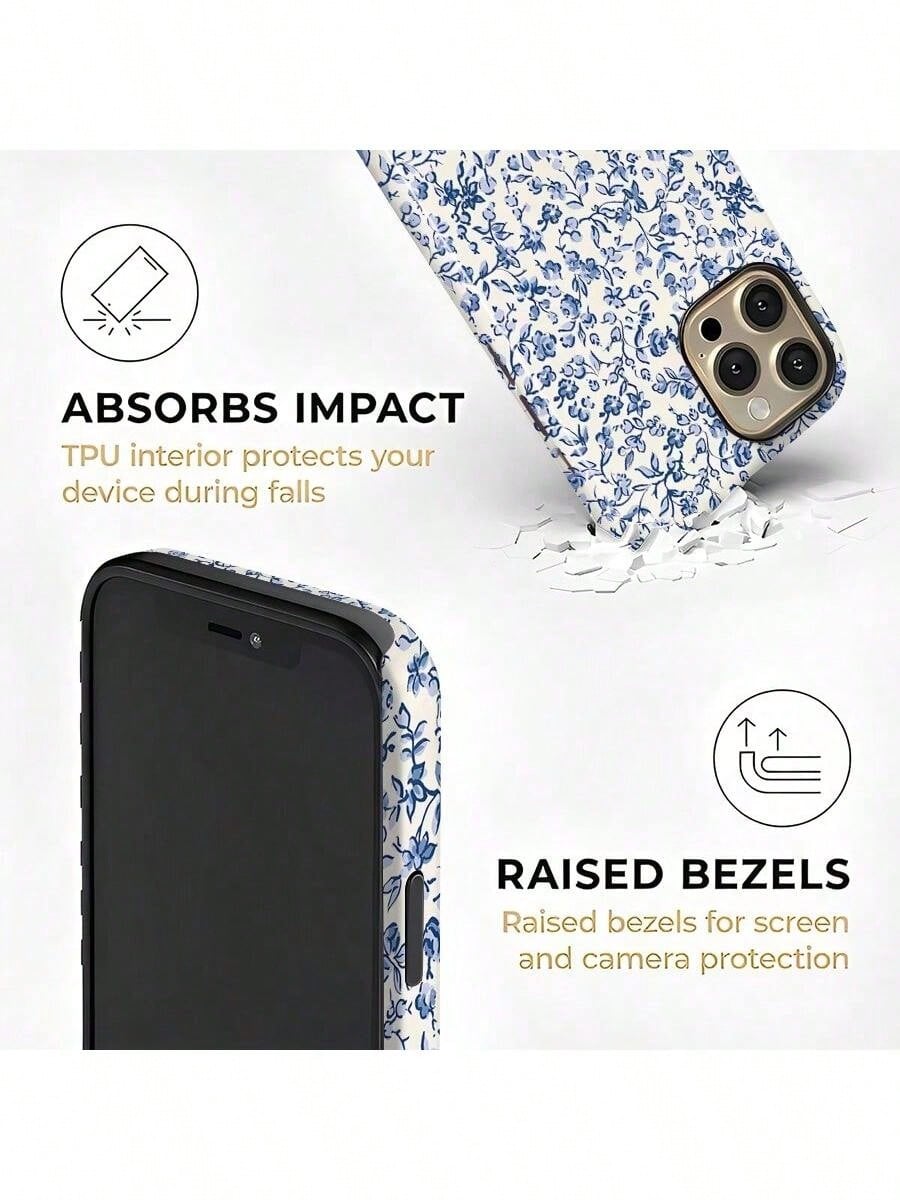 GIIPPA Blue Floral Fashion Matte Blue Floral Pattern 2-In-1 Phone Case, Compatible With IPhone 16, 15, 14, 13, 12, 11, Pro Max, Plus Spring Birthday Gift