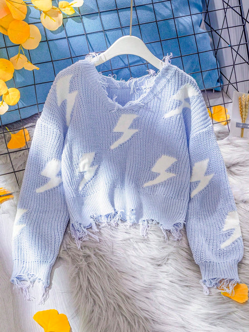 Girls' Blue Fashion Versatile Comfortable Light Blue Lightning Pattern Distressed Hem Loose Knit Sweater