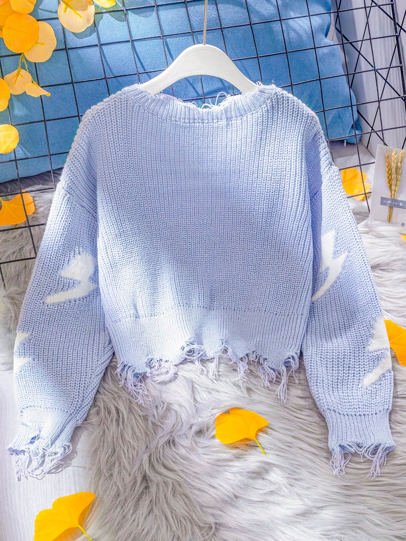 Girls' Blue Fashion Versatile Comfortable Light Blue Lightning Pattern Distressed Hem Loose Knit Sweater