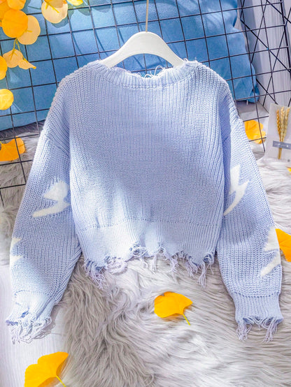 Girls' Blue Fashion Versatile Comfortable Light Blue Lightning Pattern Distressed Hem Loose Knit Sweater