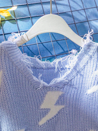 Girls' Blue Fashion Versatile Comfortable Light Blue Lightning Pattern Distressed Hem Loose Knit Sweater