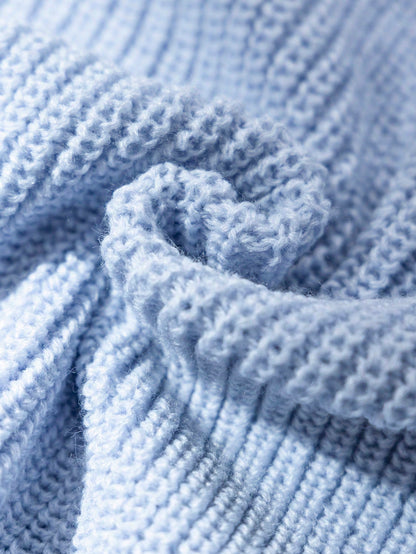 Girls' Blue Fashion Versatile Comfortable Light Blue Lightning Pattern Distressed Hem Loose Knit Sweater