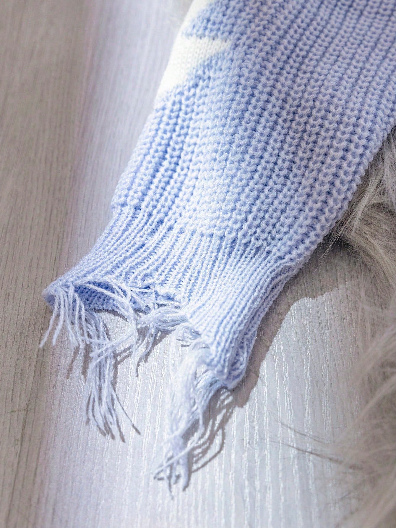 Girls' Blue Fashion Versatile Comfortable Light Blue Lightning Pattern Distressed Hem Loose Knit Sweater