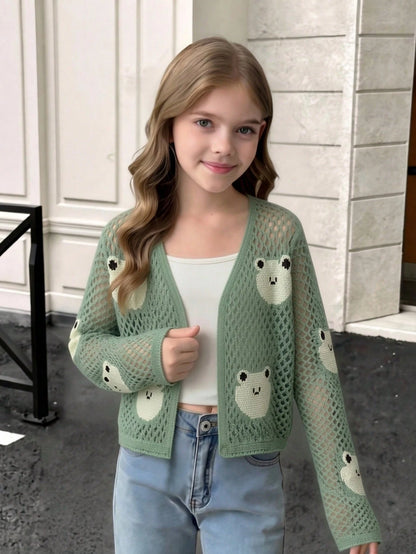 Girls Hollow Out Frog Jacquard Knit Cardigan, Casual Solid Color Perforated Knit Long Sleeve Cardigan, Casual Knit Top, Suitable For Spring/Summer Outings, Fashion Versatile, Spring/Summer Clothing, C