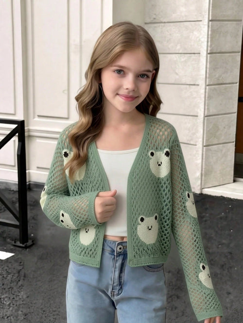 Girls Hollow Out Frog Jacquard Knit Cardigan, Casual Solid Color Perforated Knit Long Sleeve Cardigan, Casual Knit Top, Suitable For Spring/Summer Outings, Fashion Versatile, Spring/Summer Clothing, C