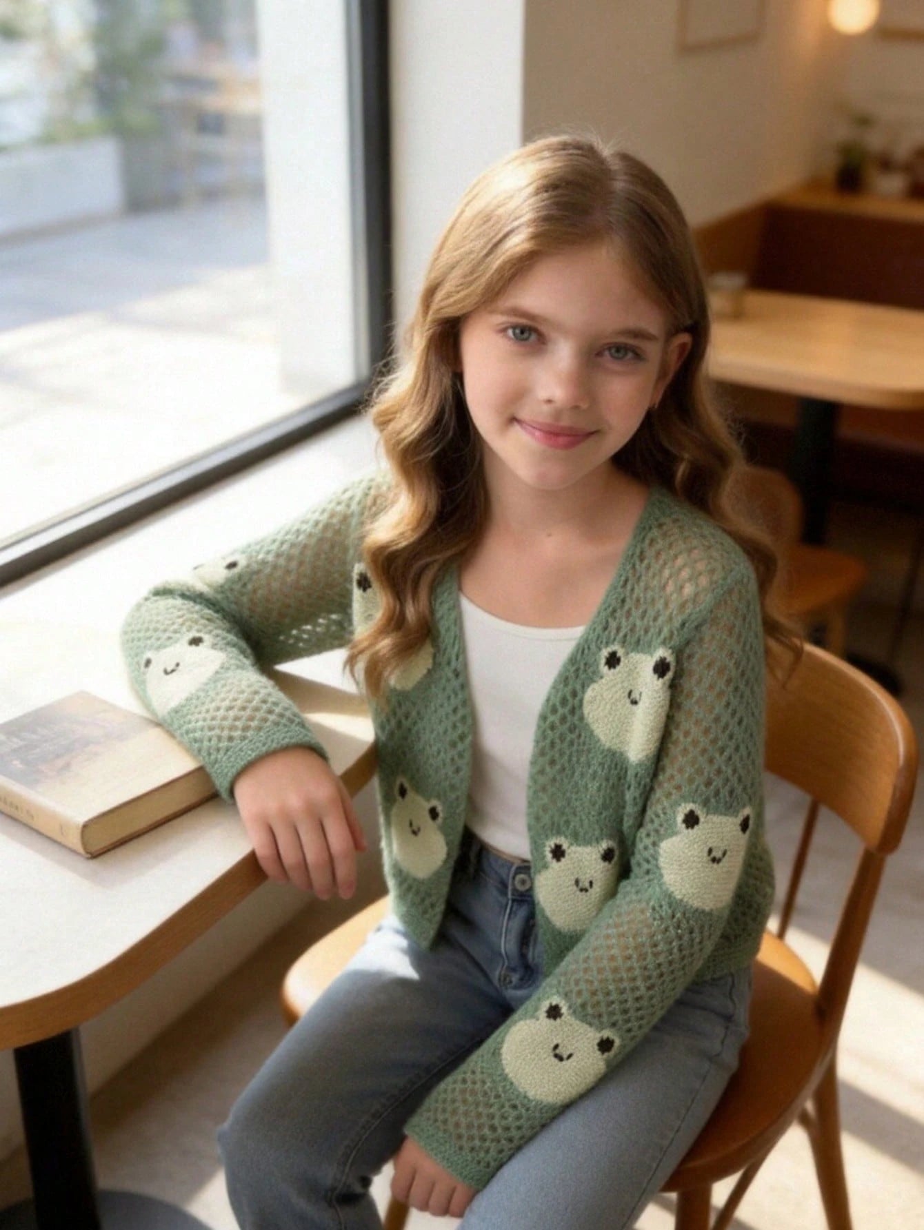 Girls Hollow Out Frog Jacquard Knit Cardigan, Casual Solid Color Perforated Knit Long Sleeve Cardigan, Casual Knit Top, Suitable For Spring/Summer Outings, Fashion Versatile, Spring/Summer Clothing, C