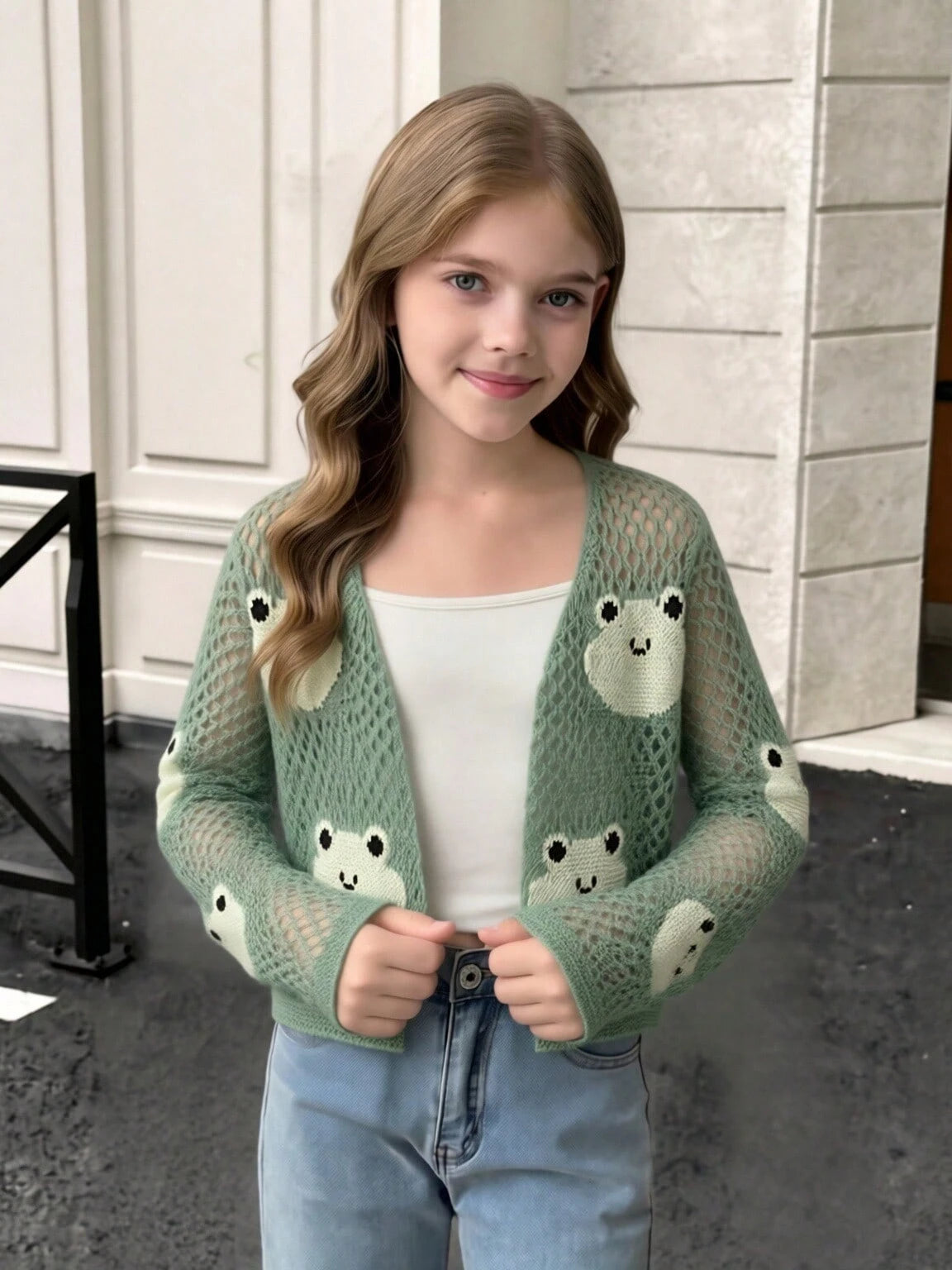 Girls Hollow Out Frog Jacquard Knit Cardigan, Casual Solid Color Perforated Knit Long Sleeve Cardigan, Casual Knit Top, Suitable For Spring/Summer Outings, Fashion Versatile, Spring/Summer Clothing, C