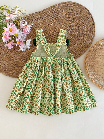 Girls' Light Yellow Floral Strap Dress, Green Bowknot Decor, Summer Baby Princess Dress