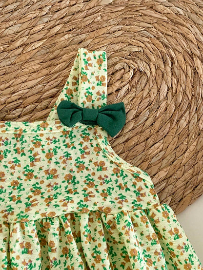 Girls' Light Yellow Floral Strap Dress, Green Bowknot Decor, Summer Baby Princess Dress