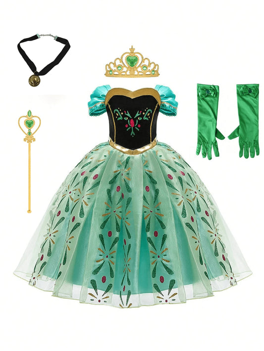 Girls Princess Costume, Children's Fashion Princess Dress For Stage Performance, Halloween Party, Birthday Party, Green Short Sleeve Puff Sleeve Princess Dress, Suitable As Birthday Gift For Girls, Bo