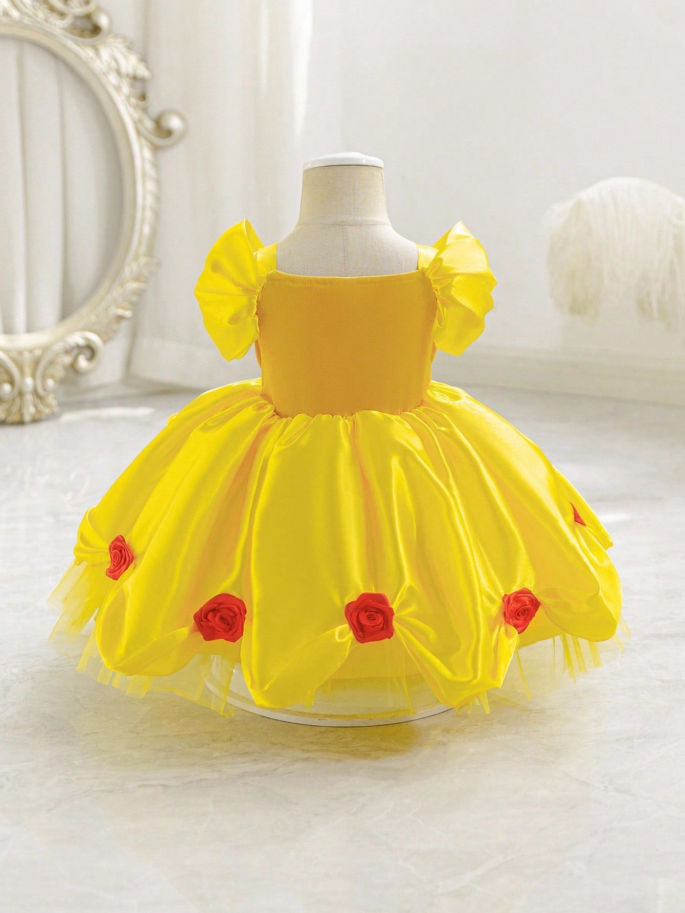 Glamorique Kids Baby Girl Princess Tulle Dress,Golden Yellow Summer Elegant Birthday Partywear With Lace,Red Gemstone,Red 3D Rose,Wedding Holiday Party Dress