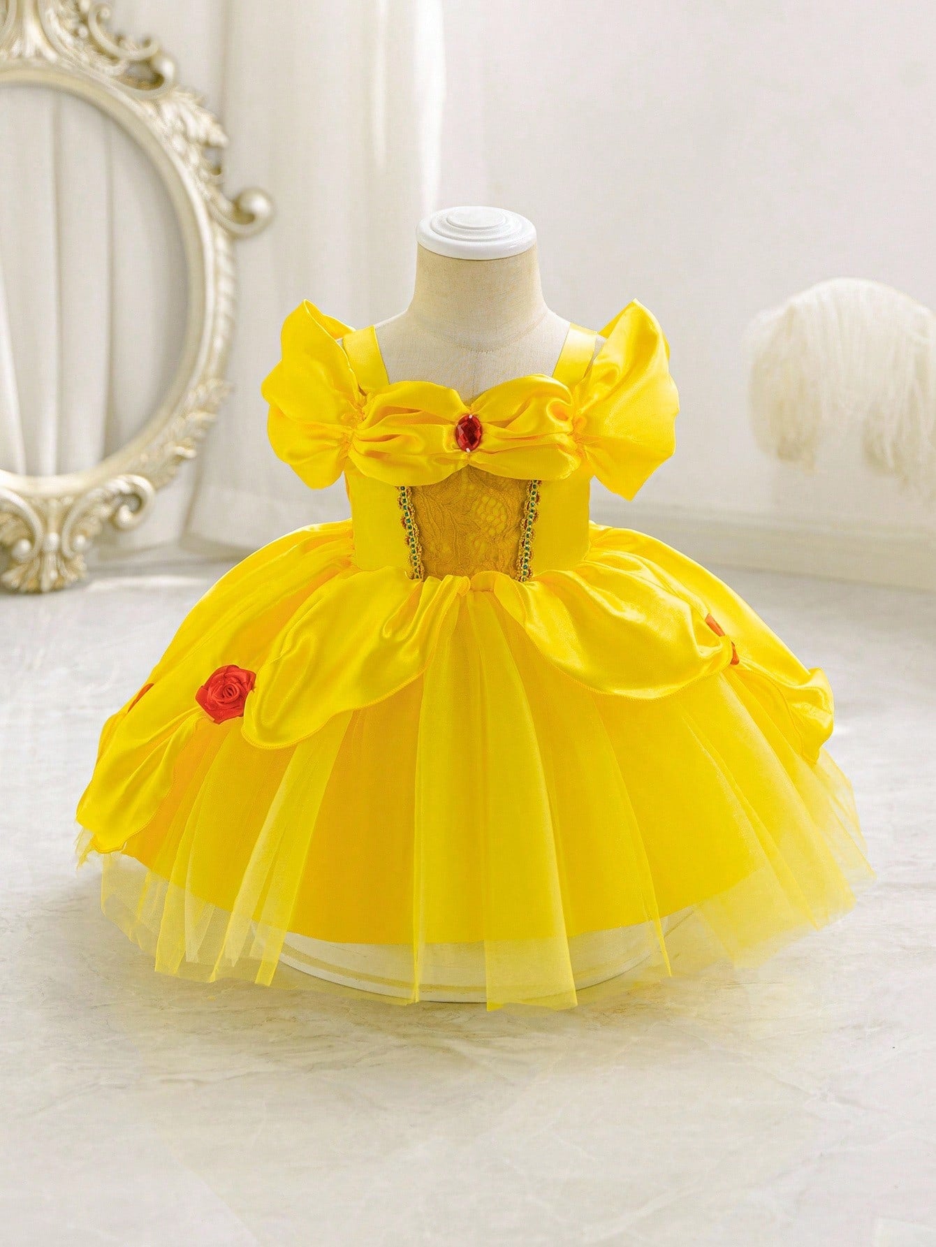 Glamorique Kids Baby Girl Princess Tulle Dress,Golden Yellow Summer Elegant Birthday Partywear With Lace,Red Gemstone,Red 3D Rose,Wedding Holiday Party Dress