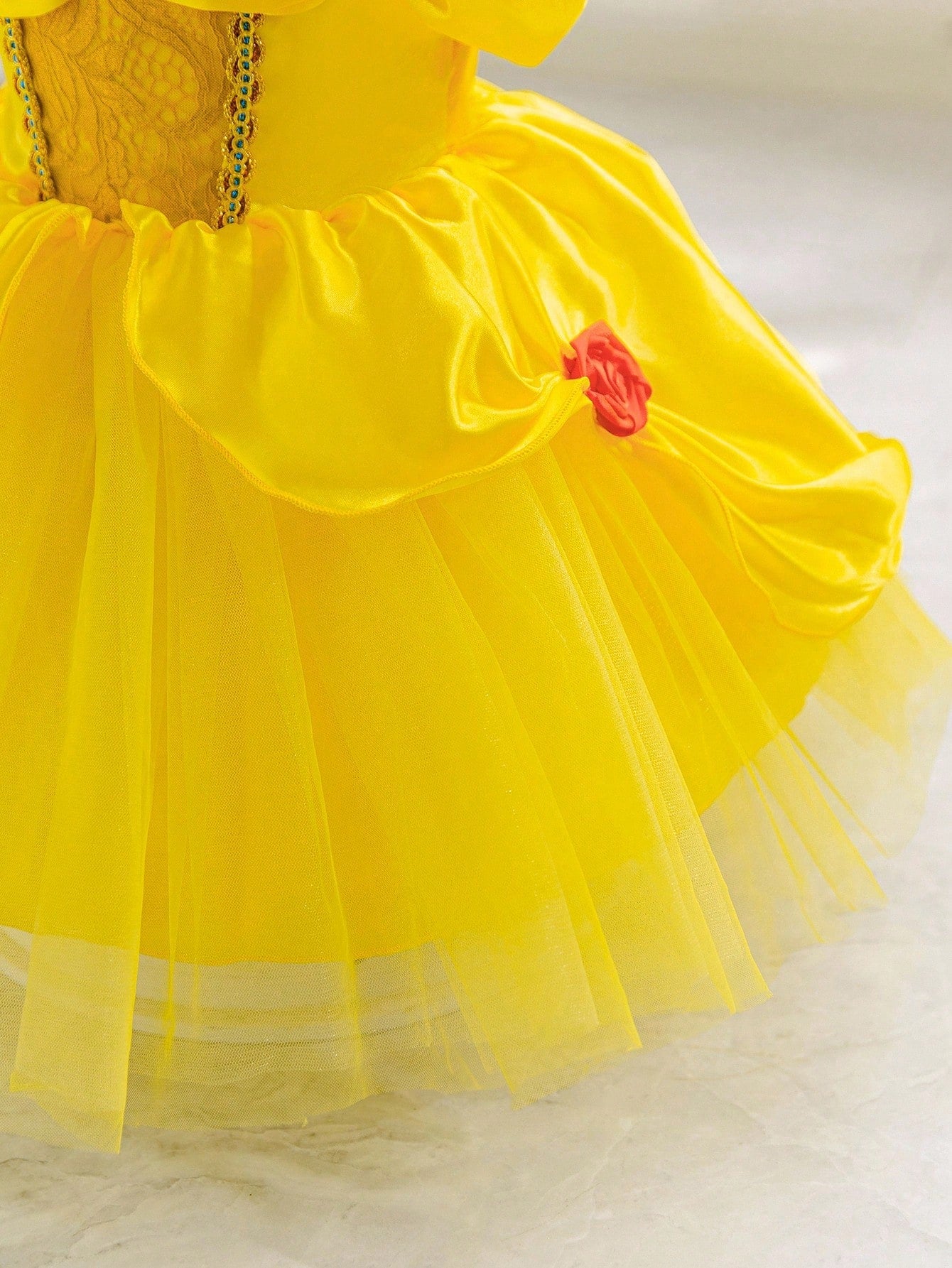 Glamorique Kids Baby Girl Princess Tulle Dress,Golden Yellow Summer Elegant Birthday Partywear With Lace,Red Gemstone,Red 3D Rose,Wedding Holiday Party Dress