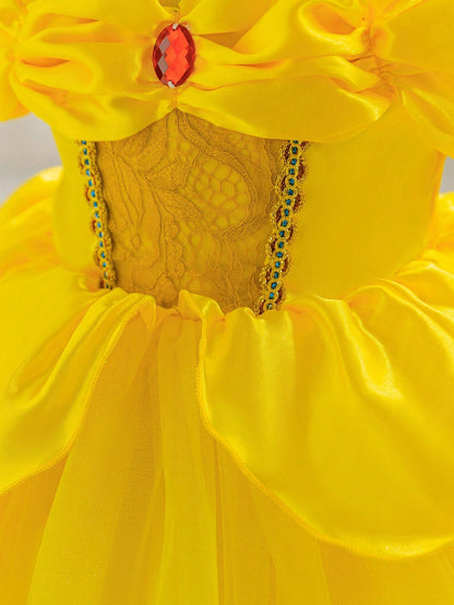 Glamorique Kids Baby Girl Princess Tulle Dress,Golden Yellow Summer Elegant Birthday Partywear With Lace,Red Gemstone,Red 3D Rose,Wedding Holiday Party Dress