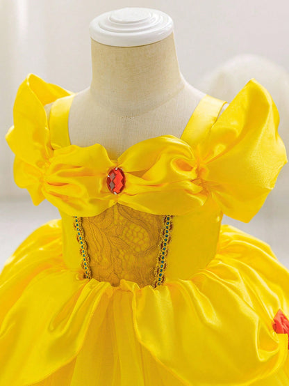 Glamorique Kids Baby Girl Princess Tulle Dress,Golden Yellow Summer Elegant Birthday Partywear With Lace,Red Gemstone,Red 3D Rose,Wedding Holiday Party Dress