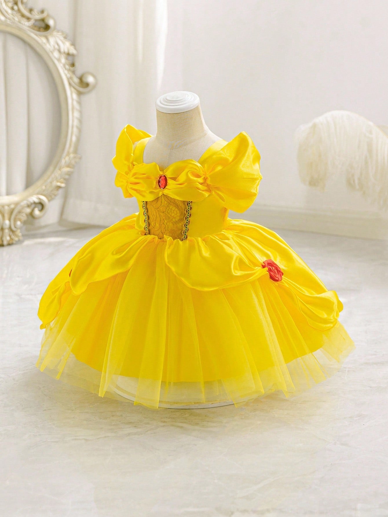 Glamorique Kids Baby Girl Princess Tulle Dress,Golden Yellow Summer Elegant Birthday Partywear With Lace,Red Gemstone,Red 3D Rose,Wedding Holiday Party Dress