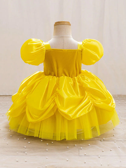 Glamorique Kids Baby Girls' Princess Tulle Dress,Yellow,Summer,Elegant,Flower Girl,Birthday Party Wedding Ceremony Formal Occasion,Puff Sleeves,Sequins,3D Rose Puffy