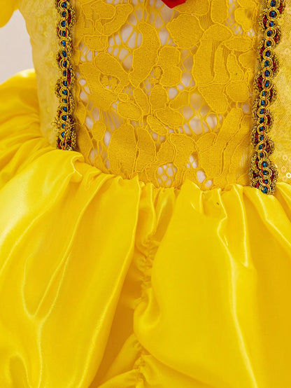 Glamorique Kids Baby Girls' Princess Tulle Dress,Yellow,Summer,Elegant,Flower Girl,Birthday Party Wedding Ceremony Formal Occasion,Puff Sleeves,Sequins,3D Rose Puffy