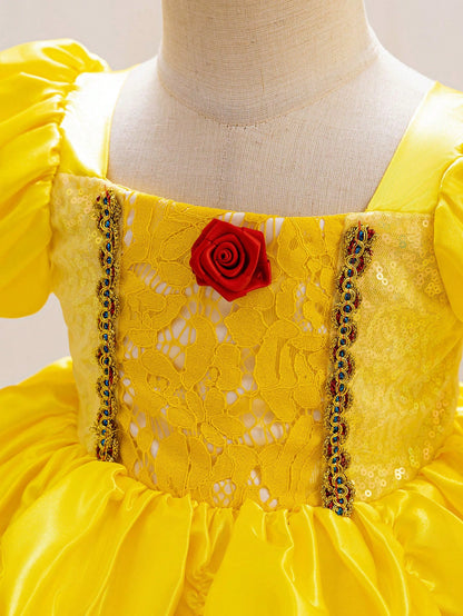 Glamorique Kids Baby Girls' Princess Tulle Dress,Yellow,Summer,Elegant,Flower Girl,Birthday Party Wedding Ceremony Formal Occasion,Puff Sleeves,Sequins,3D Rose Puffy