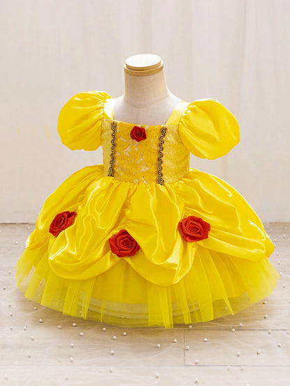 Glamorique Kids Baby Girls' Princess Tulle Dress,Yellow,Summer,Elegant,Flower Girl,Birthday Party Wedding Ceremony Formal Occasion,Puff Sleeves,Sequins,3D Rose Puffy