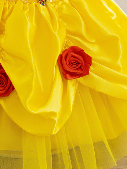 Glamorique Kids Baby Girls' Princess Tulle Dress,Yellow,Summer,Elegant,Flower Girl,Birthday Party Wedding Ceremony Formal Occasion,Puff Sleeves,Sequins,3D Rose Puffy