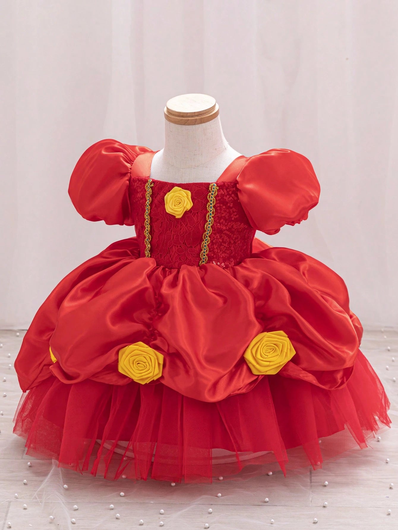 Glamorique Kids Baby Girls' Princess Tulle Dress,Yellow,Summer,Elegant,Flower Girl,Birthday Party Wedding Ceremony Formal Occasion,Puff Sleeves,Sequins,3D Rose Puffy