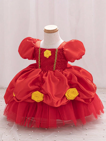 Glamorique Kids Baby Girls' Princess Tulle Dress,Yellow,Summer,Elegant,Flower Girl,Birthday Party Wedding Ceremony Formal Occasion,Puff Sleeves,Sequins,3D Rose Puffy
