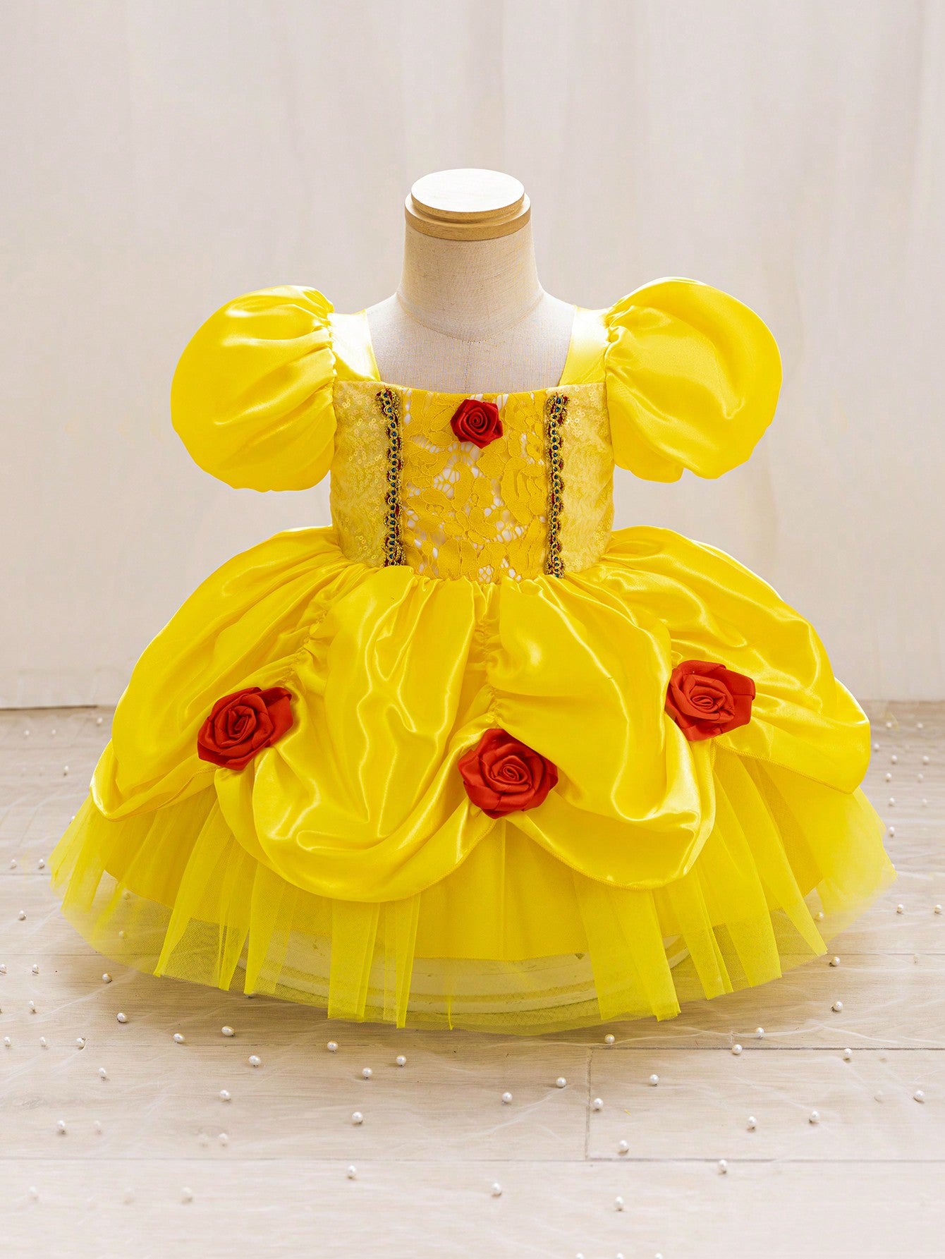 Glamorique Kids Baby Girls' Princess Tulle Dress,Yellow,Summer,Elegant,Flower Girl,Birthday Party Wedding Ceremony Formal Occasion,Puff Sleeves,Sequins,3D Rose Puffy